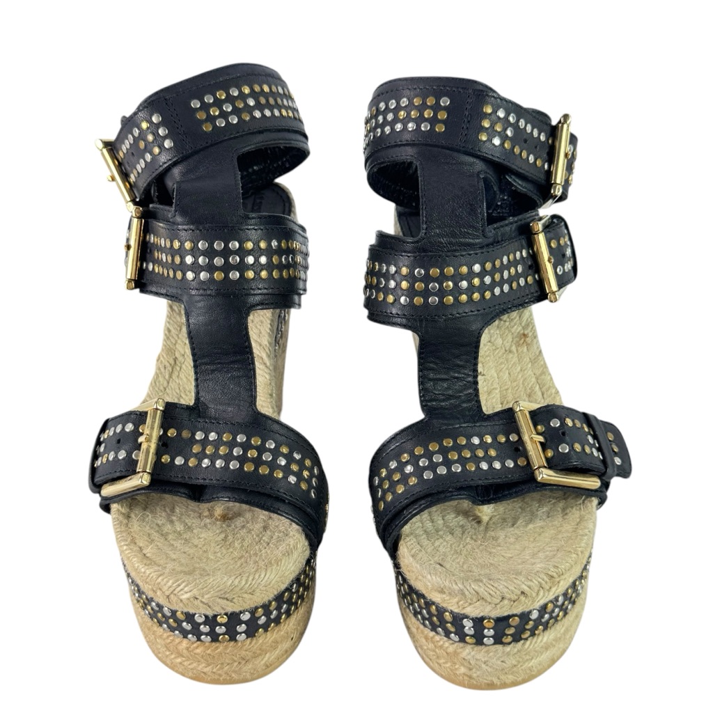 Alexander Mcqueen Black Leather Studded Wedge Espadrilles Made In Italy 35-5us